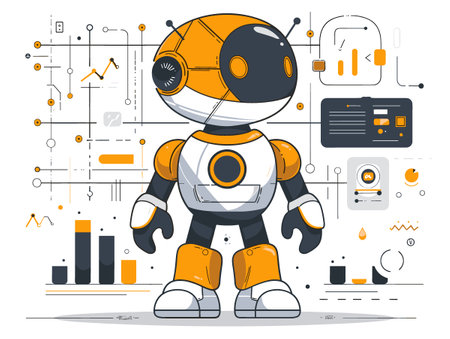 A robot stands in front of a computer monitor with a lot of numbers and graphs. The robot is orange and white, and it looks like it's ready to take on the world. Concept of technology and innovationのイラスト素材