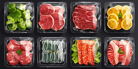 A variety of meats and vegetables are displayed in plastic containers. Concept of abundance and variety, with a focus on the different types of food available. The presentation is clean and organizedのイラスト素材