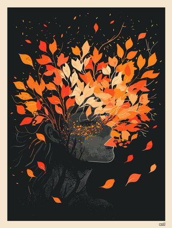 A painting of a person with leaves on their head. The leaves are orange and the person's face is blackのイラスト素材