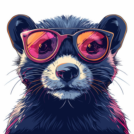 A black raccoon with sunglasses on its face. The sunglasses are pink and the raccoon's eyes are closedのイラスト素材