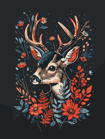 Deer and flowers. Hand drawn vector illustration in vintage style.のイラスト素材