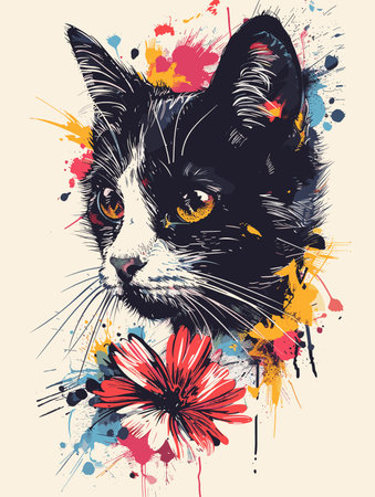 Hand drawn cat with flowers. Grunge design. Vector illustration.のイラスト素材