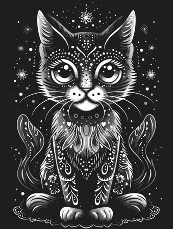 Hand drawn vector illustration of a cat with snowflakes. Isolated on black background.のイラスト素材