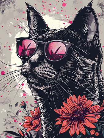 Cat with sunglasses and flowers on grunge background. Vector illustration.のイラスト素材