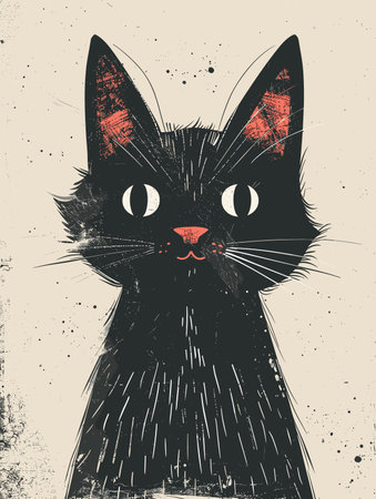 Cute black cat. Hand drawn vector illustration with grunge texture.のイラスト素材