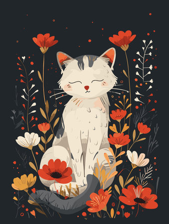 Cute cat sitting among flowers. Vector illustration in cartoon style.のイラスト素材