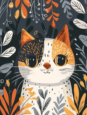 Cute cat with floral background. Hand drawn vector illustration in scandinavian style.のイラスト素材