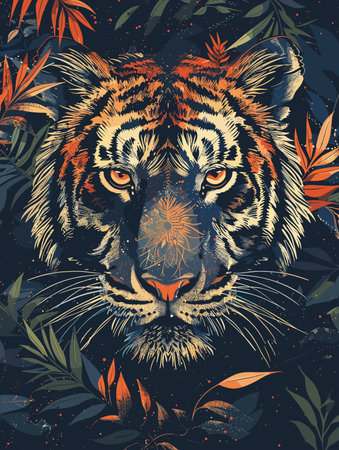 Tiger head on the background of tropical leaves. Vector illustration.のイラスト素材