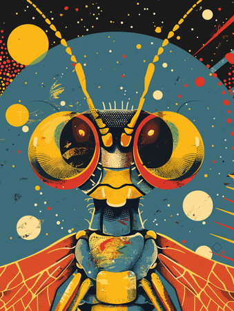 Vintage style illustration of a dragonfly head with big eyes.