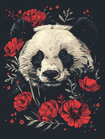 Panda and poppies. Hand drawn vector illustration in sketch style.のイラスト素材