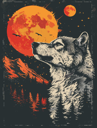 Vector hand drawn illustration of a wolf and mountains on a grunge background.のイラスト素材