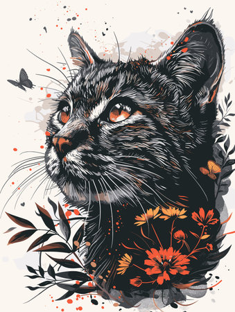 Portrait of a cat with flowers. Hand drawn vector illustration.のイラスト素材