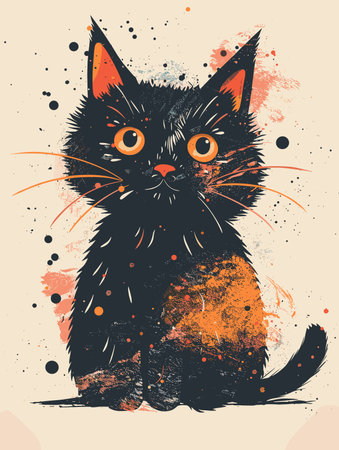 Cute black cat with orange spots on grunge background. Vector illustration.のイラスト素材