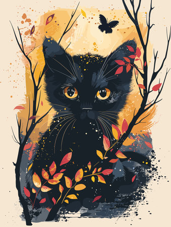 Black cat with autumn leaves on grunge background. Vector illustration.のイラスト素材