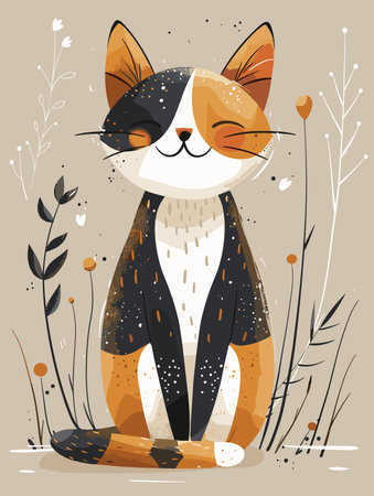 Cute cartoon cat sitting on the ground among flowers. Vector illustration.のイラスト素材