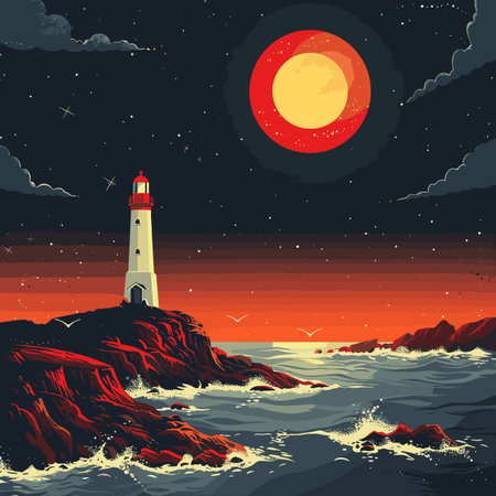 A lighthouse is on a rocky shoreline with a red moon in the sky. The scene is serene and peaceful, with the lighthouse standing tall and proud against the backdrop of the oceanのイラスト素材