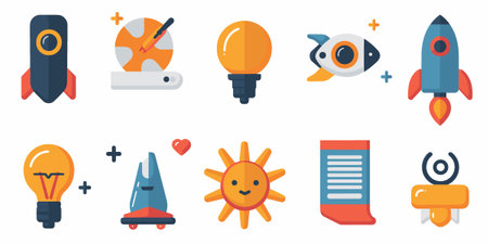 A collection of colorful icons, each representing a different concept or idea. There are several rockets, one of which is located in the top left corner and another in the top right cornerのイラスト素材