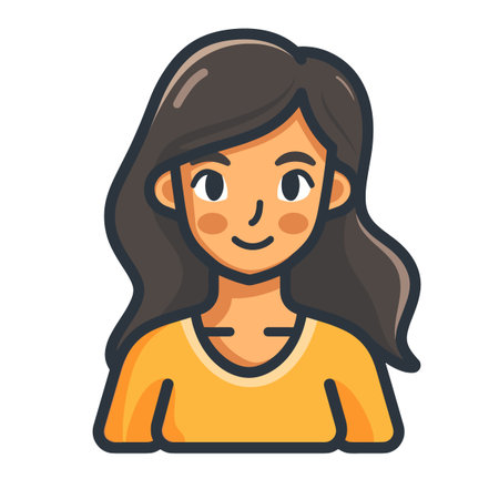 A woman with long hair is smiling. She is wearing a yellow shirt. The image is of a cartoon characterのイラスト素材