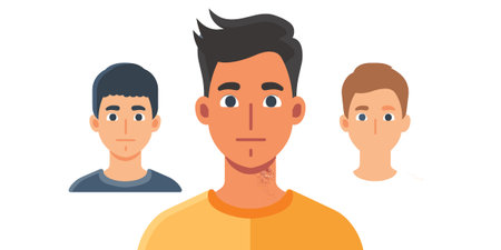 Three men are standing in a row, with the middle man looking at the camera. Concept of unity and...