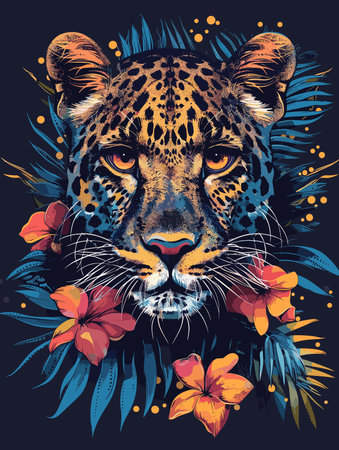 Leopard portrait with tropical flowers. Vector illustration on dark background.のイラスト素材
