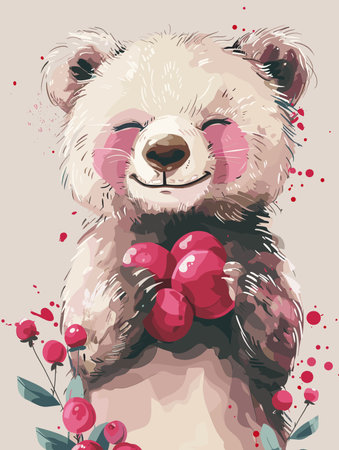 Hand drawn vector illustration of a cute teddy bear with red berriesのイラスト素材