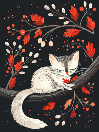 Cute cat sitting on a branch with red leaves. Vector illustration.のイラスト素材