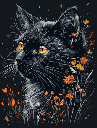 Black cat with orange eyes and flowers on a black background. Vector illustration.のイラスト素材