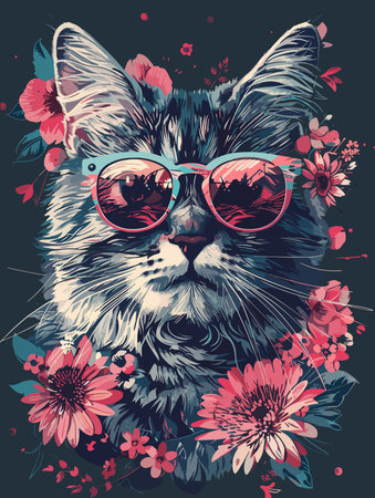 Cute cat in sunglasses with flowers. Hand drawn vector illustration.のイラスト素材
