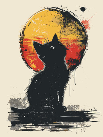 Black cat sitting on the background of the sun. Grunge vector illustration.のイラスト素材