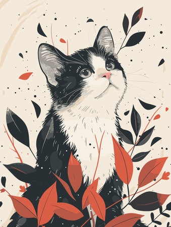 Cute cat and leaves. Hand drawn vector illustration in vintage style.のイラスト素材