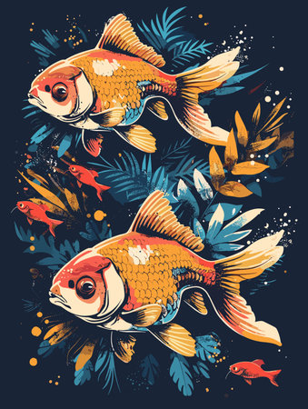 Hand drawn vector illustration of a goldfish swimming in the sea.のイラスト素材
