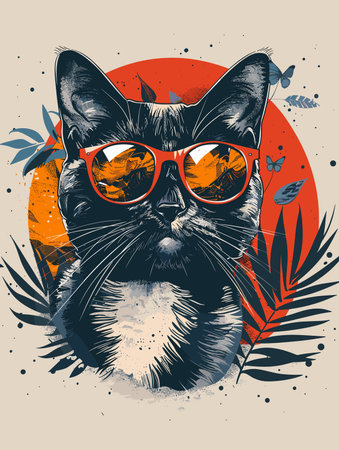 Hipster cat with sunglasses and palm leaves. Vector illustration.のイラスト素材