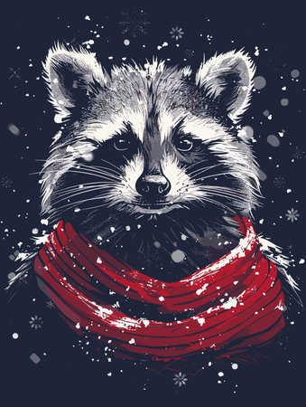 Raccoon in a red scarf and snowflakes. Vector illustration.のイラスト素材