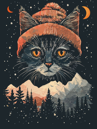 Cute cat in a hat on the background of the mountains. Vector illustration.のイラスト素材