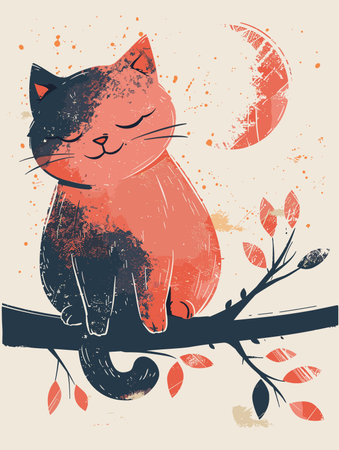 Cat on a branch with autumn leaves. Vector hand drawn illustration.のイラスト素材