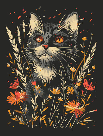 Cute cat with flowers. Hand drawn vector illustration on black background.のイラスト素材