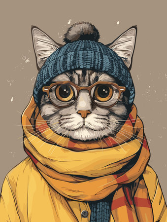 Cute cat with glasses in a warm hat and scarf. Vector illustration.のイラスト素材