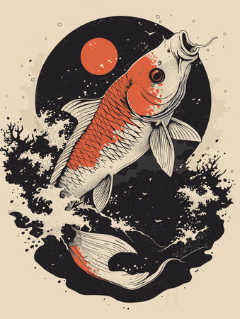 Vector illustration of a koi fish on the background of the moon.のイラスト素材
