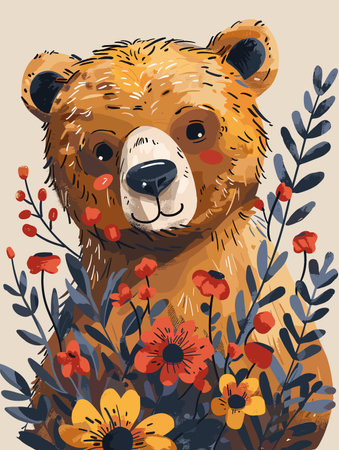 Vector illustration of a cute brown bear with flowers in the forest.
