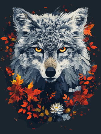 Vector illustration of a wolf with autumn leaves and flowers on a dark backgroundのイラスト素材