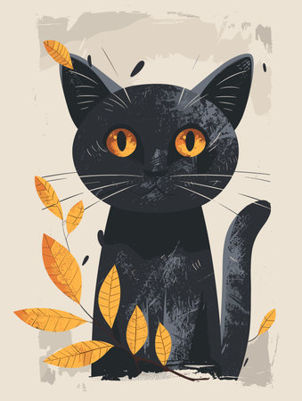 Vector illustration of a black cat with autumn leaves. Vector illustration.のイラスト素材