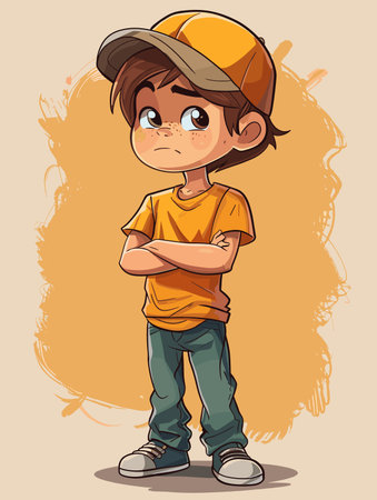 Little boy in orange t-shirt and cap. Vector illustration.のイラスト素材