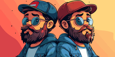 Two hipster men with beard and mustache. Vector illustration in cartoon style.