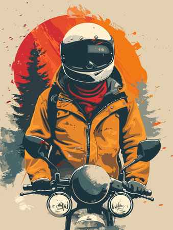 Motorcyclist on a motorcycle in the mountains. Vector illustration.のイラスト素材