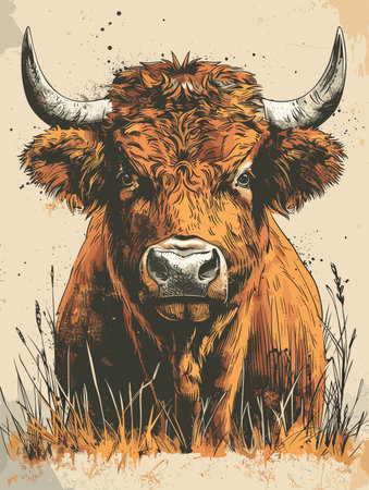 Vector illustration of a brown cow with horns on a grunge backgroundのイラスト素材