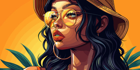 Beautiful young woman in a hat and sunglasses. Vector illustration.