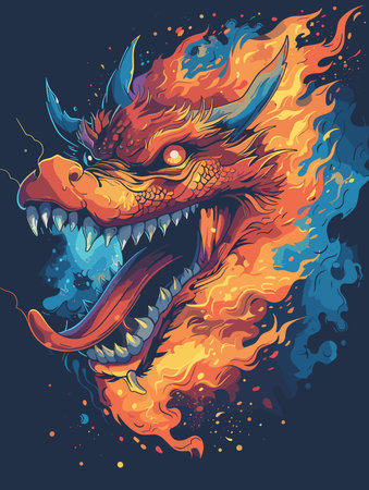 Dragon head in flames. Vector illustration of dragon head in fire.のイラスト素材