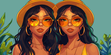 Portrait of two beautiful women in swimsuits and hats. Vector illustrationのイラスト素材