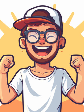 Vector illustration of a happy young man wearing baseball cap and glasses.のイラスト素材