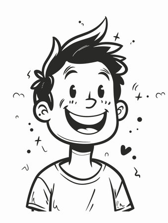 Cartoon illustration of a happy boy with eyes closed and smiling.のイラスト素材